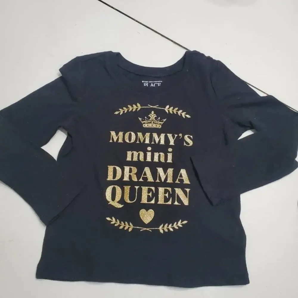 The Childrens Place T-Shirt Black Girls Mommys Mini Drama Queen Glitter Crew 3T‎